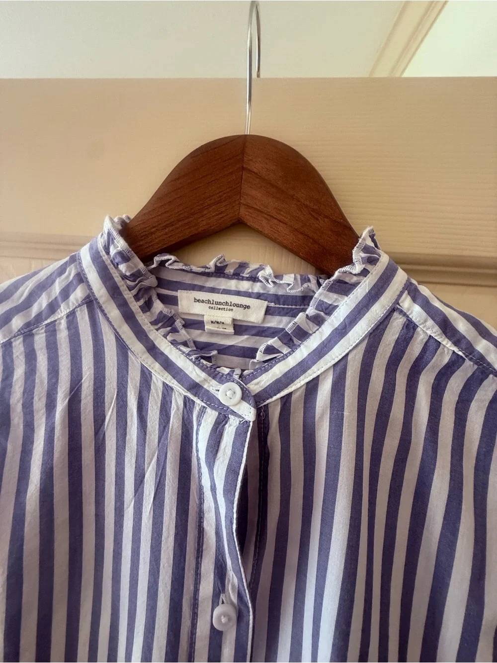beachlunchlounge Blue and White Striped Ruffle Collar Shirt - Picture 2 of 7